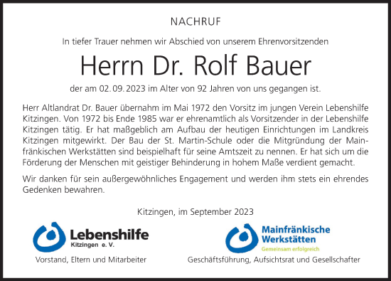 Anzeige von Rolf Bauer von MGO