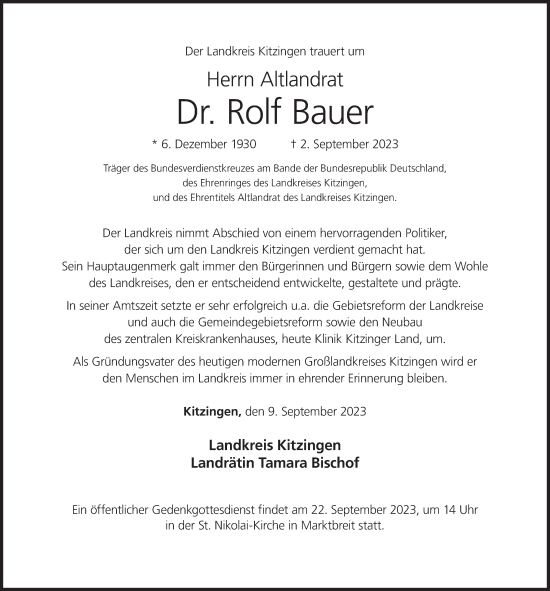 Anzeige von Rolf Bauer von MGO