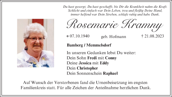 Anzeige von Rosemarie Kramny von MGO