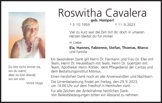 Anzeige von Roswitha Cavalera von MGO