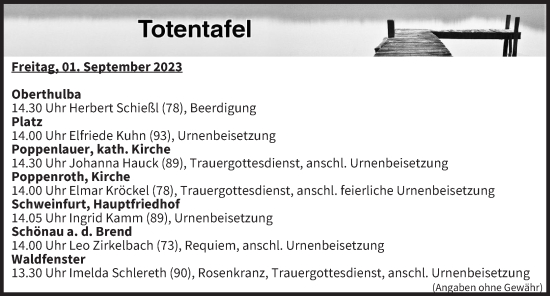 Anzeige von Totentafel vom 01.09.2023 von MGO