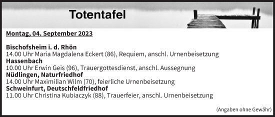 Anzeige von Totentafel vom 04.09.2023 von MGO
