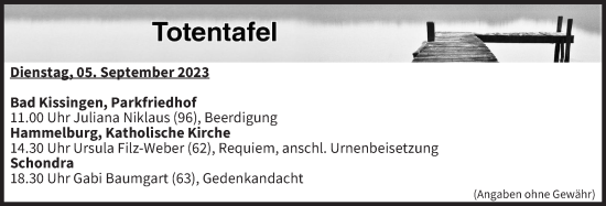 Anzeige von Totentafel vom 05.09.2023 von MGO