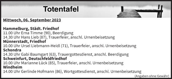 Anzeige von Totentafel vom 06.09.2023 von MGO