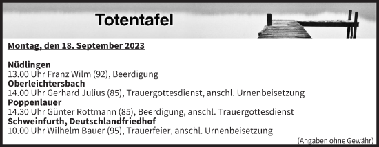 Anzeige von Totentafel vom 18.09.2023 von MGO