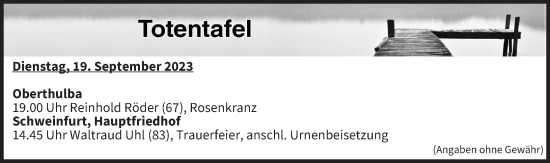 Anzeige von Totentafel vom 19.09.2023 von MGO