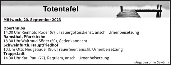 Anzeige von Totentafel vom 20.09.2023 von MGO