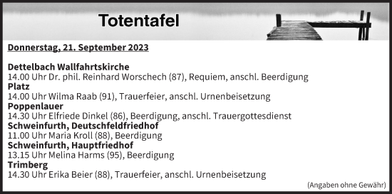Anzeige von Totentafel vom 21.09.2023 von MGO