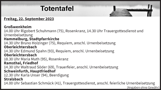 Anzeige von Totentafel vom 22.09.2023 von MGO