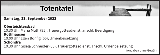 Anzeige von Totentafel vom 23.09.2023 von MGO