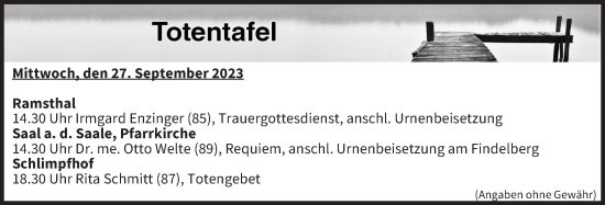 Anzeige von Totentafel vom 27.09.2023 von MGO