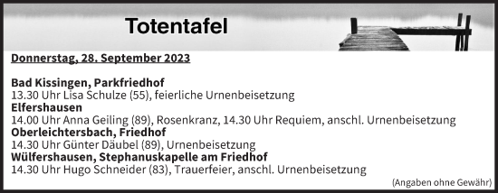 Anzeige von Totentafel vom 28.09.2023 von MGO