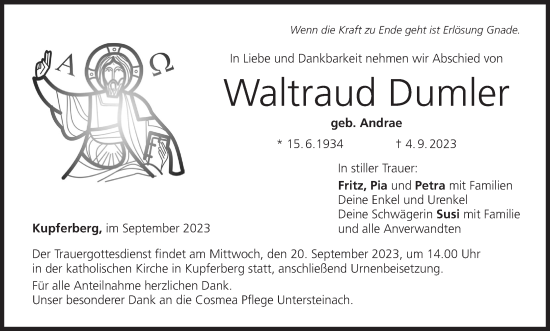 Anzeige von Waltraud Dumler von MGO