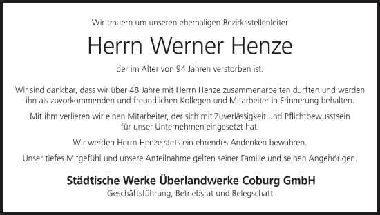 Anzeige von Werner Henze von MGO