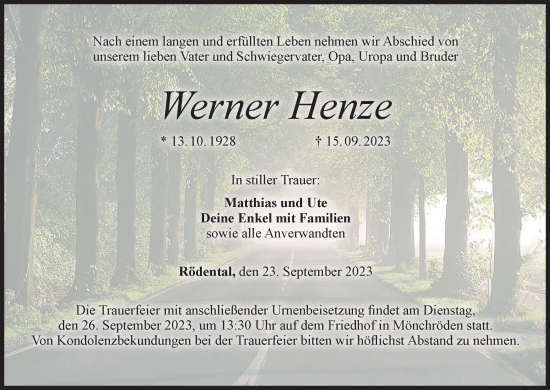 Anzeige von Werner Henze von MGO