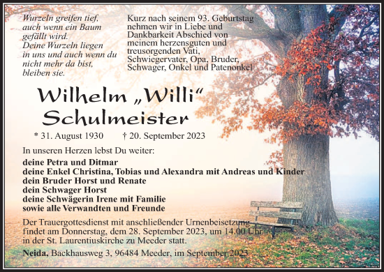 Anzeige von Wilhelm Schulmeister von MGO