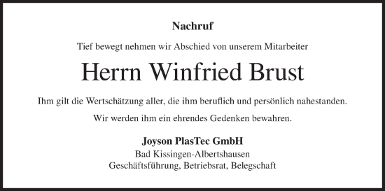 Anzeige von Winfried Brust von MGO