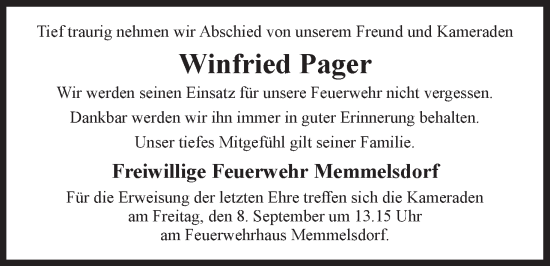 Anzeige von Winfried Pager von MGO