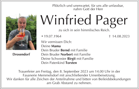 Anzeige von Winfried Pager von MGO