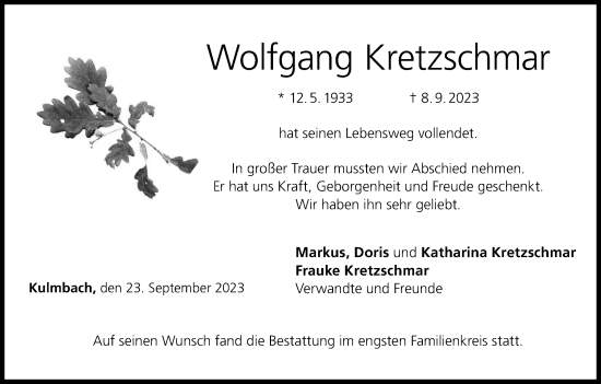 Anzeige von Wolfgang Kretzschmar von MGO