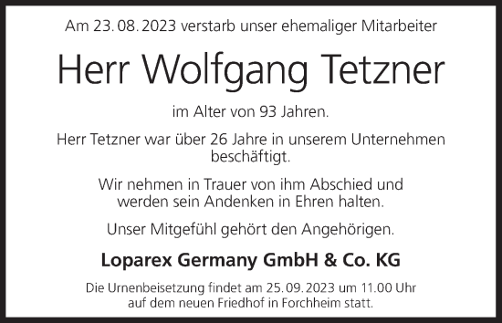 Anzeige von Wolfgang Tetzner von MGO