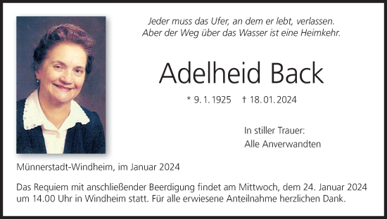 Anzeige von Adelheid Back von MGO