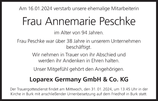 Anzeige von Annemarie Peschke von MGO