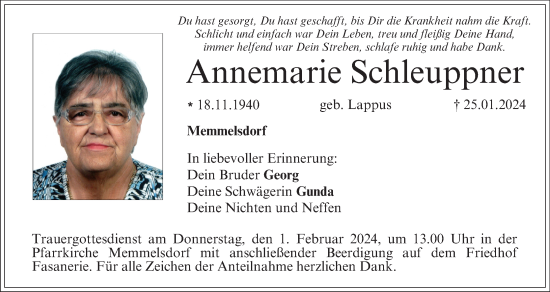Anzeige von Annemarie Schleuppner von MGO