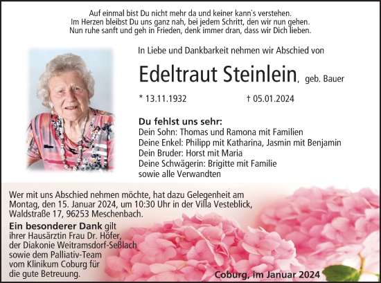 Anzeige von Edeltraut Steinlein von MGO