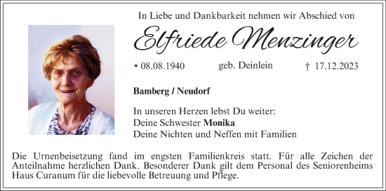 Anzeige von Elfriede Menzinger von MGO