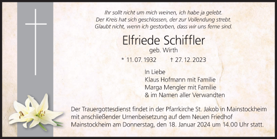 Anzeige von Elfriede Schiffler von MGO