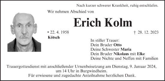 Anzeige von Erich Kolm von MGO
