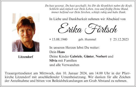 Anzeige von Erika Förtsch von MGO