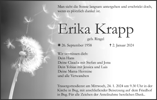Anzeige von Erika Krapp von MGO