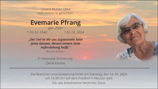 Anzeige von Evemarie Pfrang von MGO
