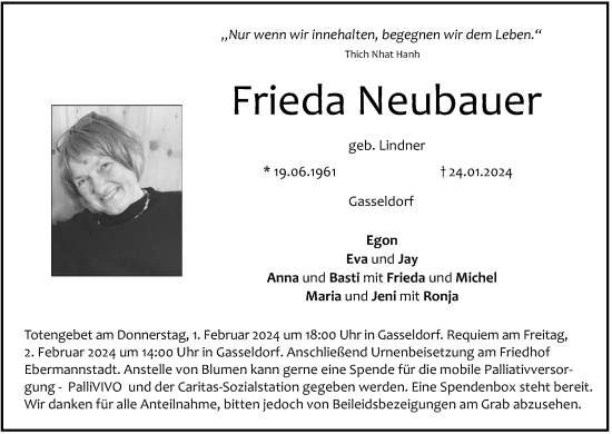 Anzeige von Frieda Neubauer von MGO