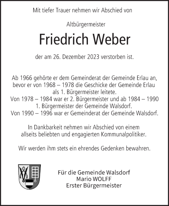 Anzeige von Friedrich Weber von MGO