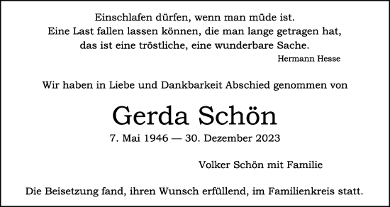 Anzeige von Gerda Schön von MGO