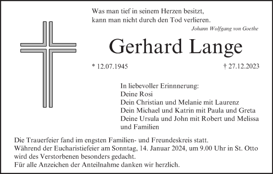 Anzeige von Gerhard Lange von MGO