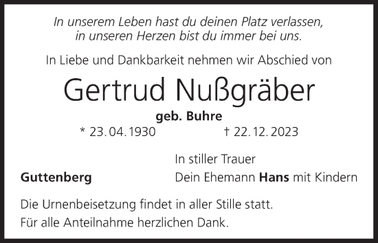 Anzeige von Gertrud Nußgräber von MGO