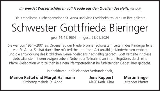 Anzeige von Gottfrieda Bieringer von MGO