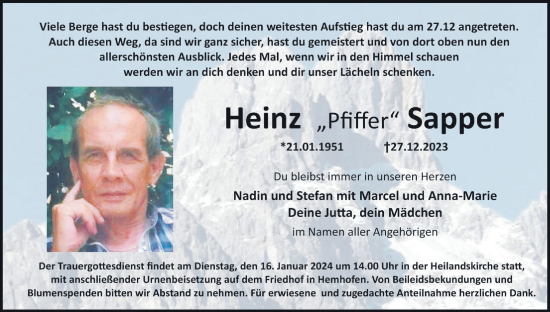 Anzeige von Heinz  Sapper von MGO
