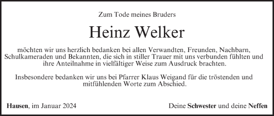Anzeige von Heinz Welker von MGO