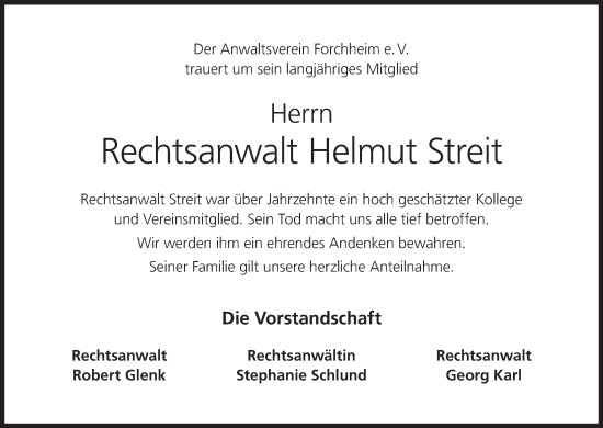 Anzeige von Helmut Streit von MGO