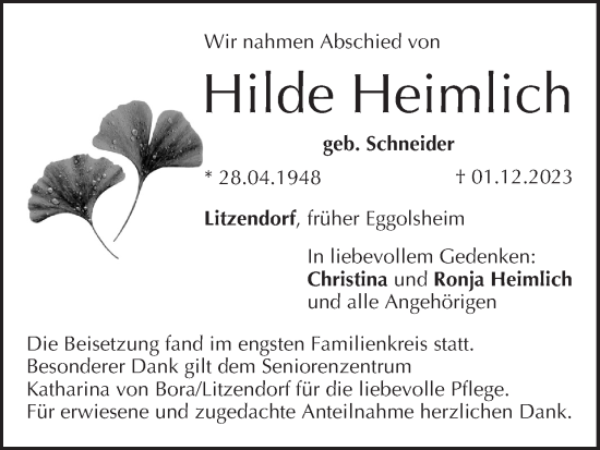Anzeige von Hilde Heimlich von MGO