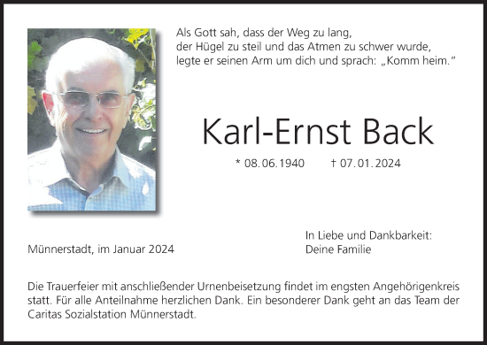Anzeige von Karl-Ernst Back von MGO