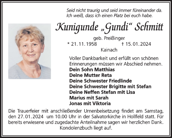 Anzeige von Kunigunde Schmitt von MGO