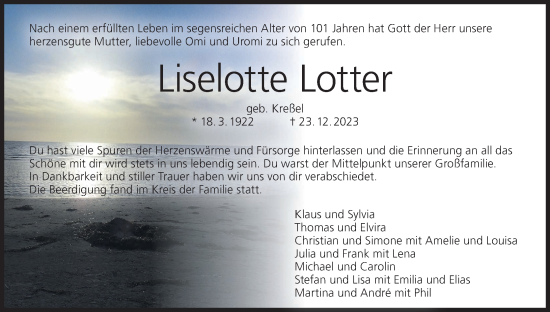 Anzeige von Liselotte Lotter von MGO