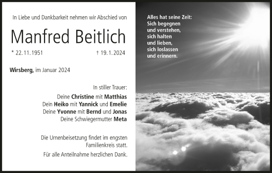 Anzeige von Manfred Beitlich von MGO