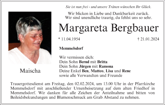 Anzeige von Margareta Bergbauer von MGO